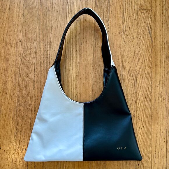 OKA Vegan Cactus Leather Black and White Triangular Bag - Picture 2 of 6